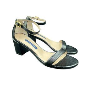 Stuart Weitzman 75 LessNudist Sandals 6.5 Black Leather Ankle Strap Block Heel